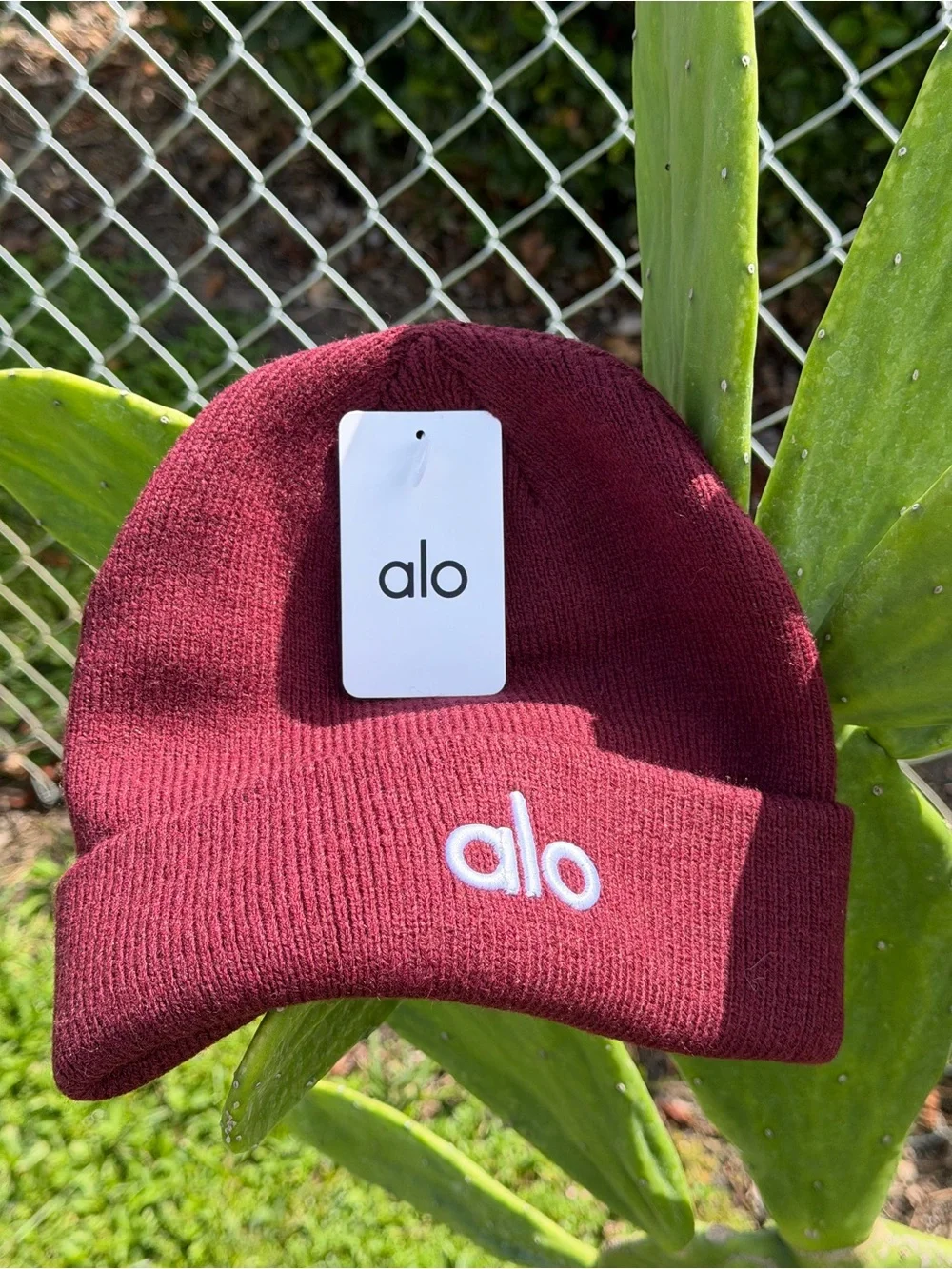 ALO Yoga Maroon Ribbed Beanie with White Logo
